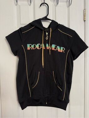 Rocawear Black Short Sleeve Zip Hoodie with Multicolor Logo